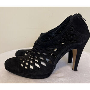 Nine West Nolettar Black Lattice Suede Leather High Heel Ankle Boots Women Sz 7m